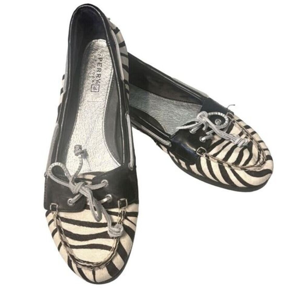 Sperry Zebra Print Leather Boat Shoes - Black/White Y2k Preppy Slip On